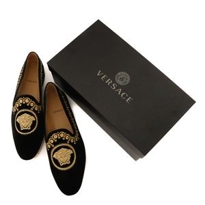 NIB Versace Gold Medusa Embroidered Black Velvet Made in Italy Loafers Shoes, 45